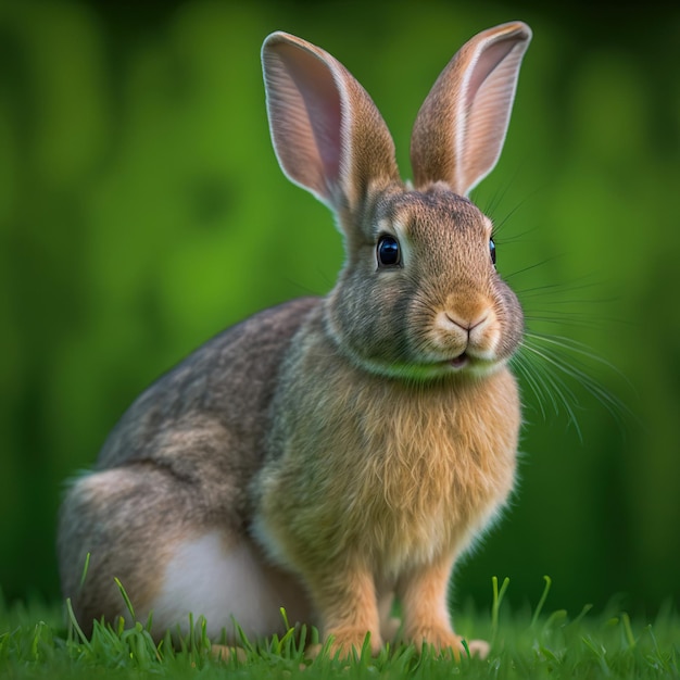 Spokojny portret królika polskiego wielkanocnego całe ciało siedzi w zielonym polu
