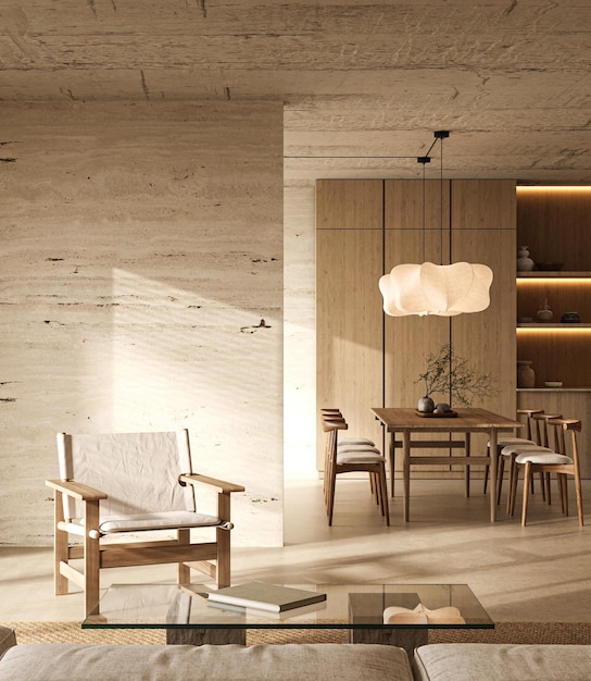 Spokojny projekt wnętrza salonu prezentujący minimalistyczną estetykę d wysokiej jakości d