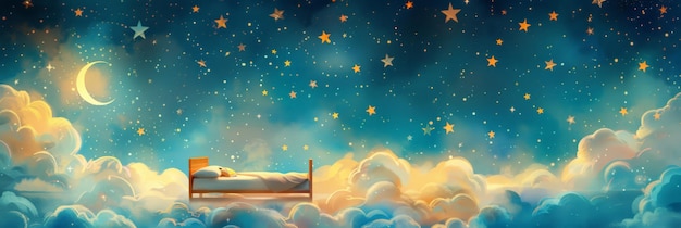 Spokojny sen wśród chmur i gwiazd, aspiracyjna scena dla osób cierpiących na bezsenność.