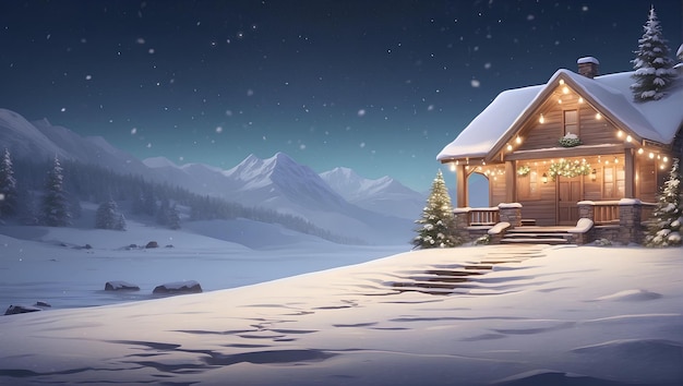 Spokojny śnieżny krajobraz z świątecznymi światłami na stałym tle