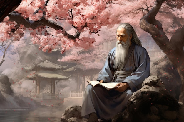 Spokojny starożytny ogród chiński z mądrym Konfucjuszem