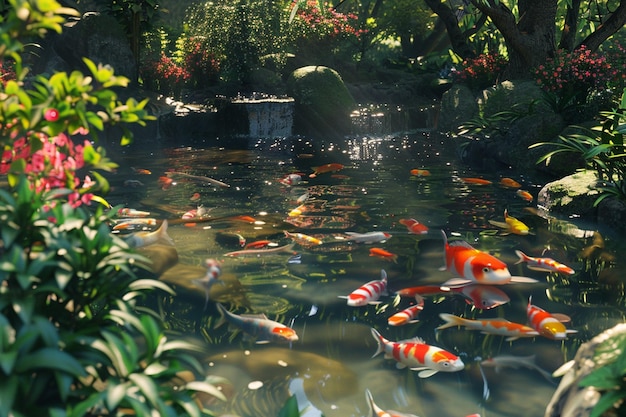 Spokojny staw w ogrodzie wypełniony kolorowymi rybami koi
