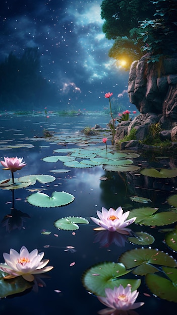 Spokojny staw z liliami wodnymi i hipnotyzujący pełnia księżyca na nocnym niebie
