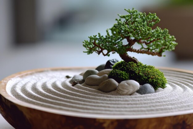 Zdjęcie spokojny stożek z miniaturowym ogrodem zen, z malutkimi drzewami bonsai z piasku i spokojnym pebem.