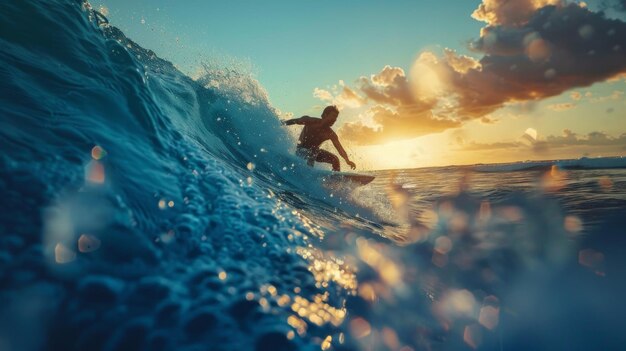 Spokojny surfer jeździ na fali.