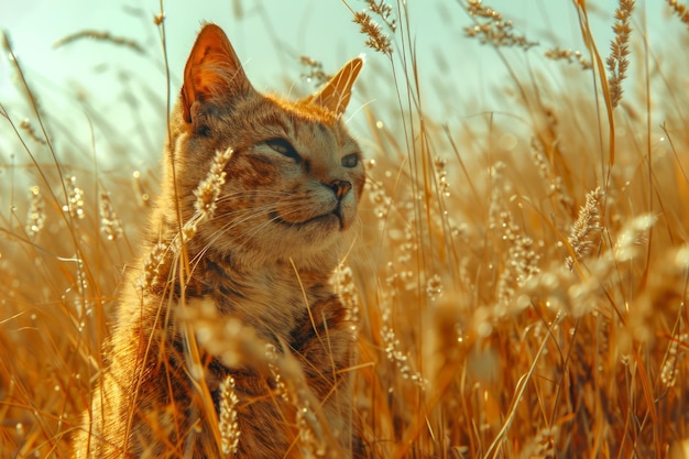 Spokojny Tabby Cat Basking w złotym świetle godziny pośród wysokiej trawy na wsi pola z ciepłym