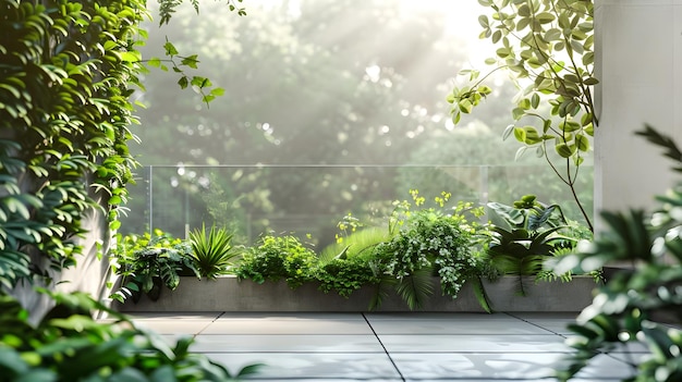 Spokojny taras z nowoczesnym geometrycznym projektem pośród bujnej zieleni Ai Generated