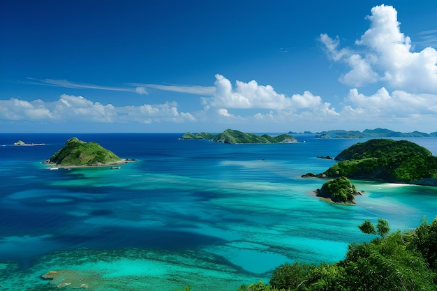 Spokojny tropikalny krajobraz morski z bujnymi wyspami i czystą niebieską wodą idealny do wakacji i podróży tematy idylliczne sceny przyrody żywe kolory AI