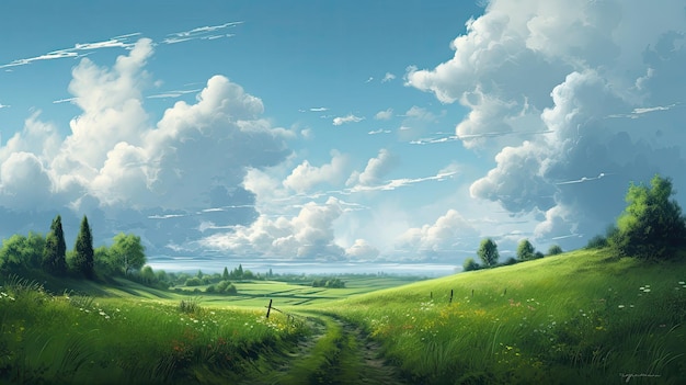 Spokojny, uroczy wiejski krajobraz z polami, pastwiskami i krętymi drogami w stylu kreskówki Ai Generated