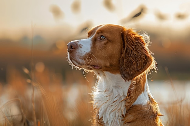 Spokojny walijski springer spaniel wpatrujący się w zachód słońca nad złotym polem Piękny portret zwierzęcia w