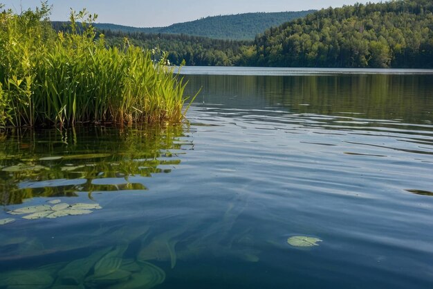 Zdjęcie spokojny widok na jezioro z roślinami wodnymi