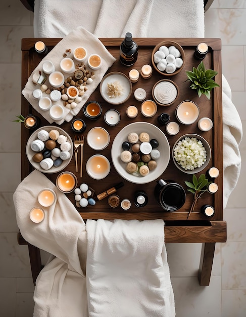 Zdjęcie spokojny widok z góry spa z różnorodnymi przedmiotami do leczenia zdrowia na drewnianej tacce