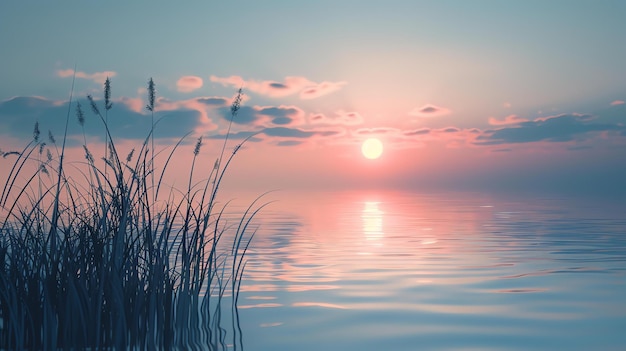 Spokojny wieczór nad jeziorem z wysoką trawą na pierwszym planie i zachodzącym słońcem w tle