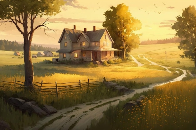 Spokojny wiejski zachód słońca ze złotymi polami i rustykalnym domem Generative AI krajobraz sztuki