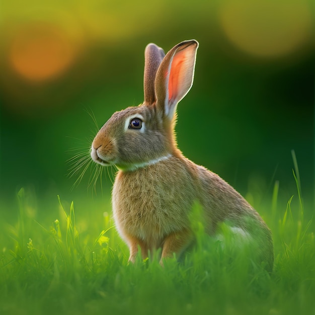 Spokojny wielkanocny portret królika Jeresey Wolley całe ciało siedzi w zielonym polu