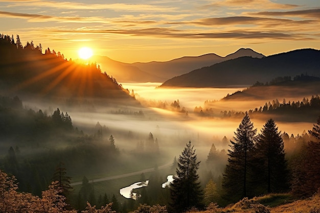 Spokojny wschód słońca nad mgłą pokrytą doliną