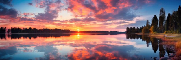 Spokojny wschód słońca nad spokojnym jeziorem odzwierciedlający żywe kolory