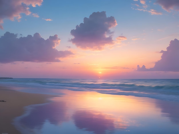 Spokojny wschód słońca nad spokojnym oceanem z delikatnymi pastelowymi kolorami malującymi niebo