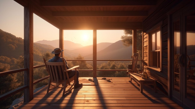 Spokojny wypad w góry Mężczyzna siedzący na drewnianym ganku o zachodzie słońca