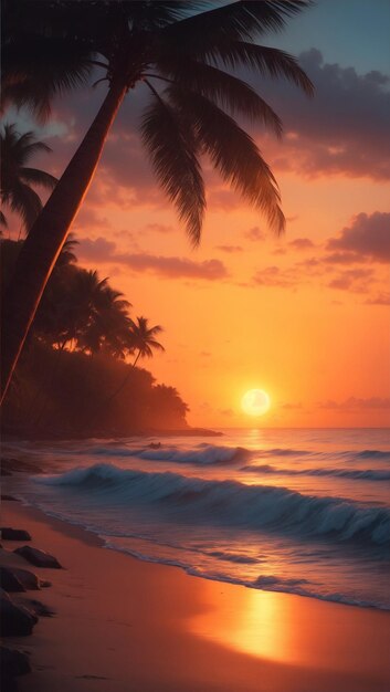 Spokojny zachód słońca na plaży z palmami i łagodnymi falami uderzającymi w brzeg Generatywna sztuczna inteligencja
