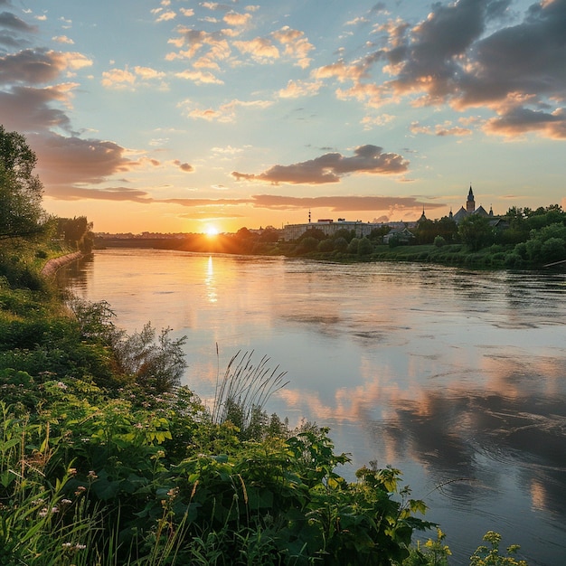 Spokojny zachód słońca nad rzeką Narwą w mieście