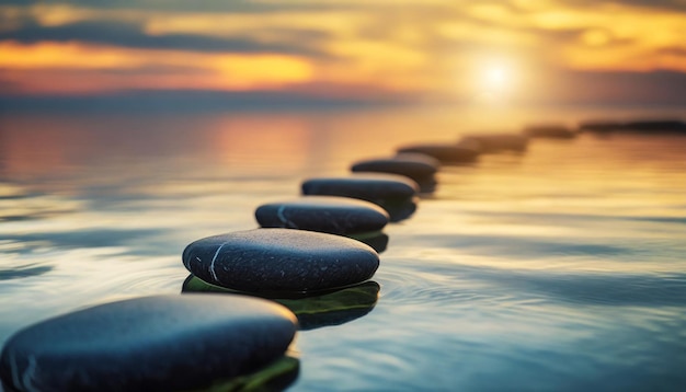 Zdjęcie spokojny zachód słońca nad ścieżką zen z gładkimi kamieniami nad wodą symbolizującymi pokój i obietnicę