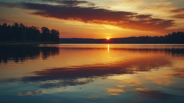Zdjęcie spokojny zachód słońca nad spokojnym jeziorem z odbiciem nieba