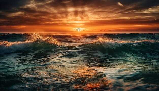 Spokojny zachód słońca nad wodą dramatyczne niebo odzwierciedla piękno natury generowane przez sztuczną inteligencję
