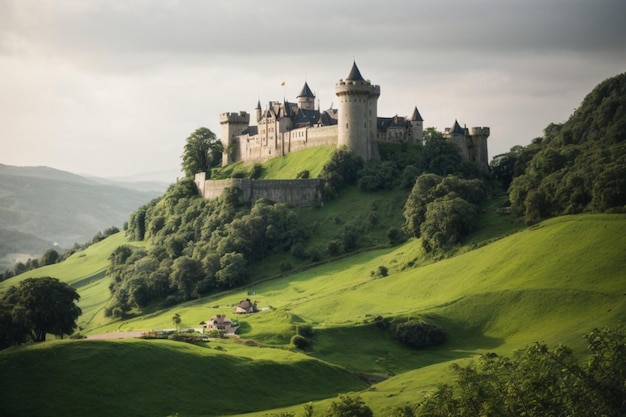 Spokojny zamek położony na wzgórzach, otoczony bujną zielenią i spokojną fosą.