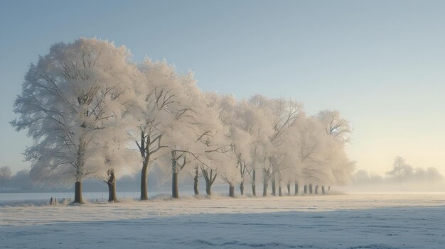 Spokojny zimowy krajobraz z mroźnymi drzewami kąpanymi w świetle wschodu słońca spokojna zimna scena poranna AI