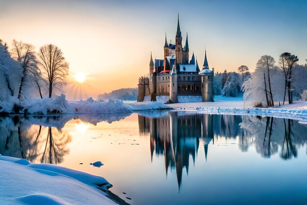 spokojny zimowy krajobraz z zamarzniętym lodem i koncepcją pięknego zamku zimowej krainy czarów