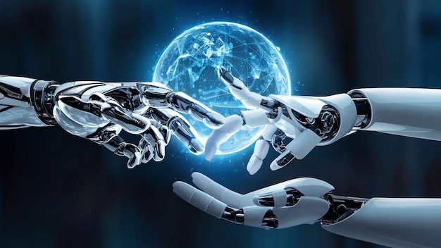 Społeczeństwo futurystyczne inteligentny robot sztuczna inteligencja ludzie technologia sztucznej inteligencji współistnieją pokojowo
