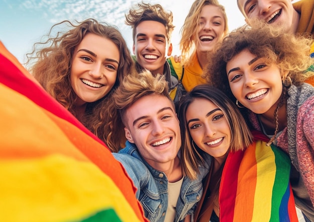 Społeczność LGBT szczęśliwi młodzi ludzie robiący selfie i trzymający tęczową flagęAI Generative