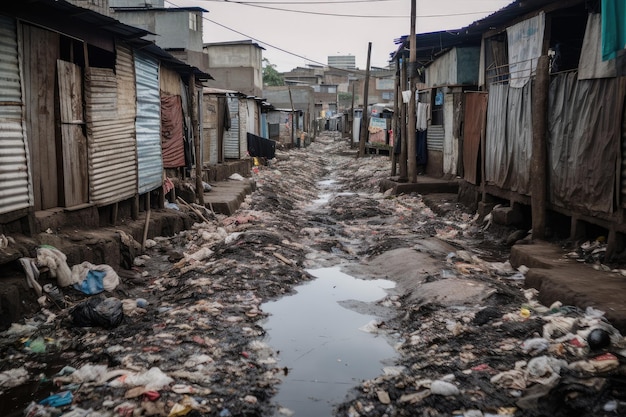 Społeczność slumsów ze śmieciami pokrywającymi ziemię