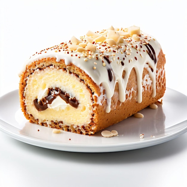 Sponge cake roll izolowany na białym tle swiss roll z vanilkową śmietaną na plasterkach biscuit roll wi