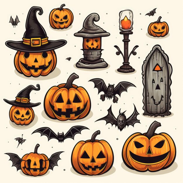 Spooktacular Doodle Halloween Elementy dyni wiedźma nietoperz na białym tle