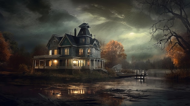 Spooky Creepy Haunted Riverside House odizolowany od świata zewnętrznego z ciemnym tłem przerażającej, upiornej scenerii Generacyjna sztuczna inteligencja