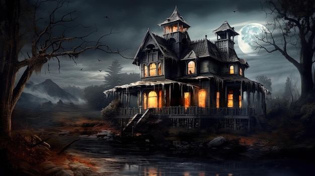 Spooky Creepy Haunted Riverside House odizolowany od świata zewnętrznego z ciemnym tłem przerażającej, upiornej scenerii Generacyjna sztuczna inteligencja