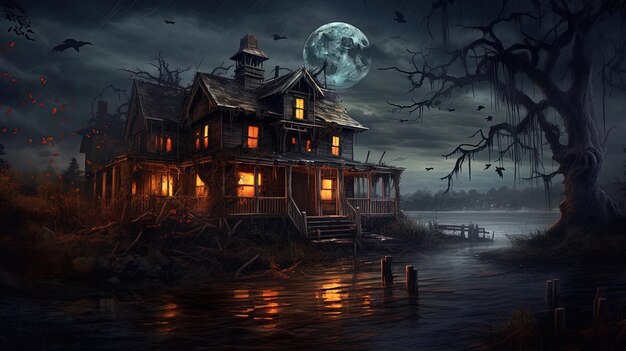 Spooky Creepy Haunted Riverside House odizolowany od świata zewnętrznego z ciemnym tłem