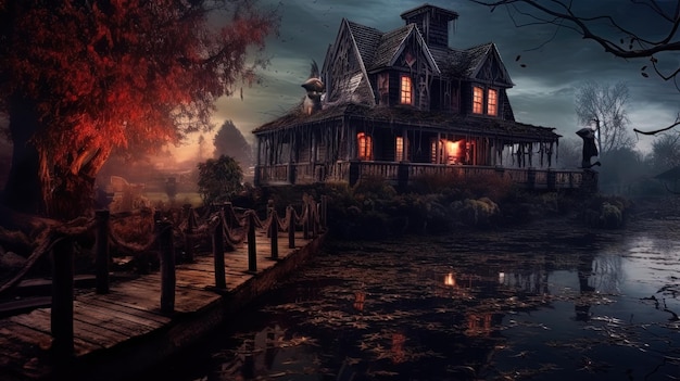 Spooky Creepy Haunted Riverside House odizolowany od świata zewnętrznego z ciemnym tłem