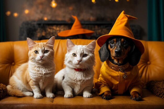 Spooky Feline amp Canine Halloween Card z kotami i psami w kapeluszach czarownic