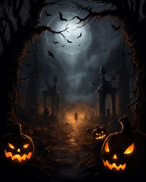 Spooky Foggy Halloween jack lantern scena w nocy