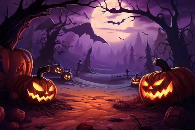 Spooky Halloween Background Forest z JackoLanterns Haunted House i ilustracją pełnego księżyca