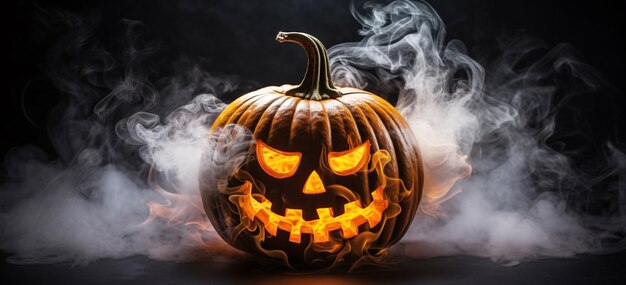 Spooky Halloween Decor CloseUp of SmokeBillowing Carved Pumpkin Generative AI