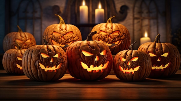 Spooky Halloween Decor Row of Arafed Pumpkins with Carved Faces and Glowing Eyes Generative AI