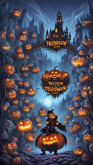 Zdjęcie spooky happy halloween castle ilustracja kreskówki tło