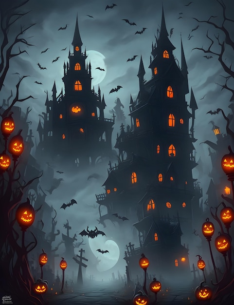 Zdjęcie spooky happy halloween castle ilustracja kreskówki tło