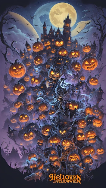 Zdjęcie spooky happy halloween castle ilustracja kreskówki tło