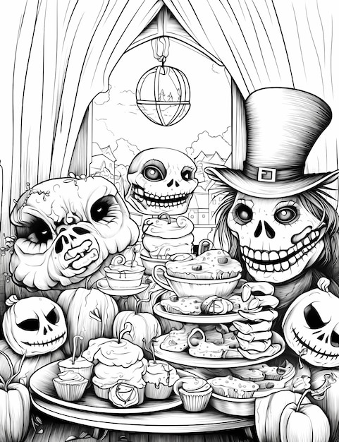 Spooky Tea Time Cartoon Coloring Pages Dzieci z Halloween Zombie Tea Party
