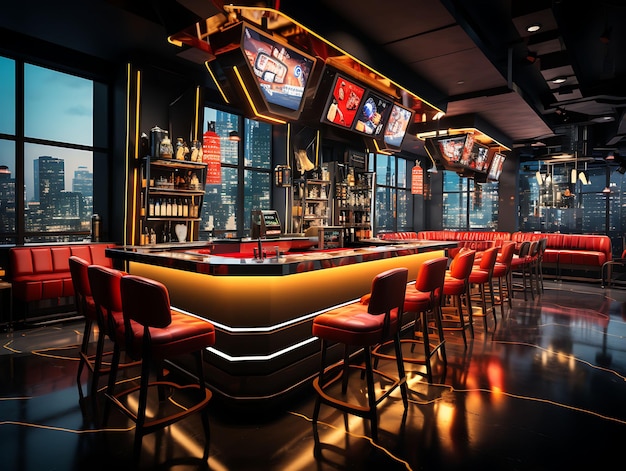 Zdjęcie sport bar game room unisex z barem counter bar stools ilustracja trendy dekoracji tła.